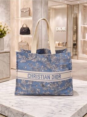Dior Blue Toile de Jouy Canvas Tote with Cream Straps GWP